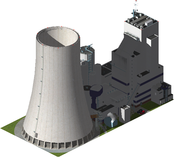 <h1>Steinkohlekraftwerk Rostock</h1><p>Das Kohlekraftwerk wandelt die mittels thermischer Verbrennung gewonnene Wärme in elektrische Energie um. Durch aufwändige Filteranlagen wird zudem ein großer Teil der Abgase von umweltschädlichen Partikeln befreit. Der Kühlturm (Gesamthöhe 141,5 m) wird gleichzeitig als Schornstein genutzt, die Rauchgase werden dabei oberhalb der Verrieselungsebene in die Dampfschwaden eingeleitet. </p>